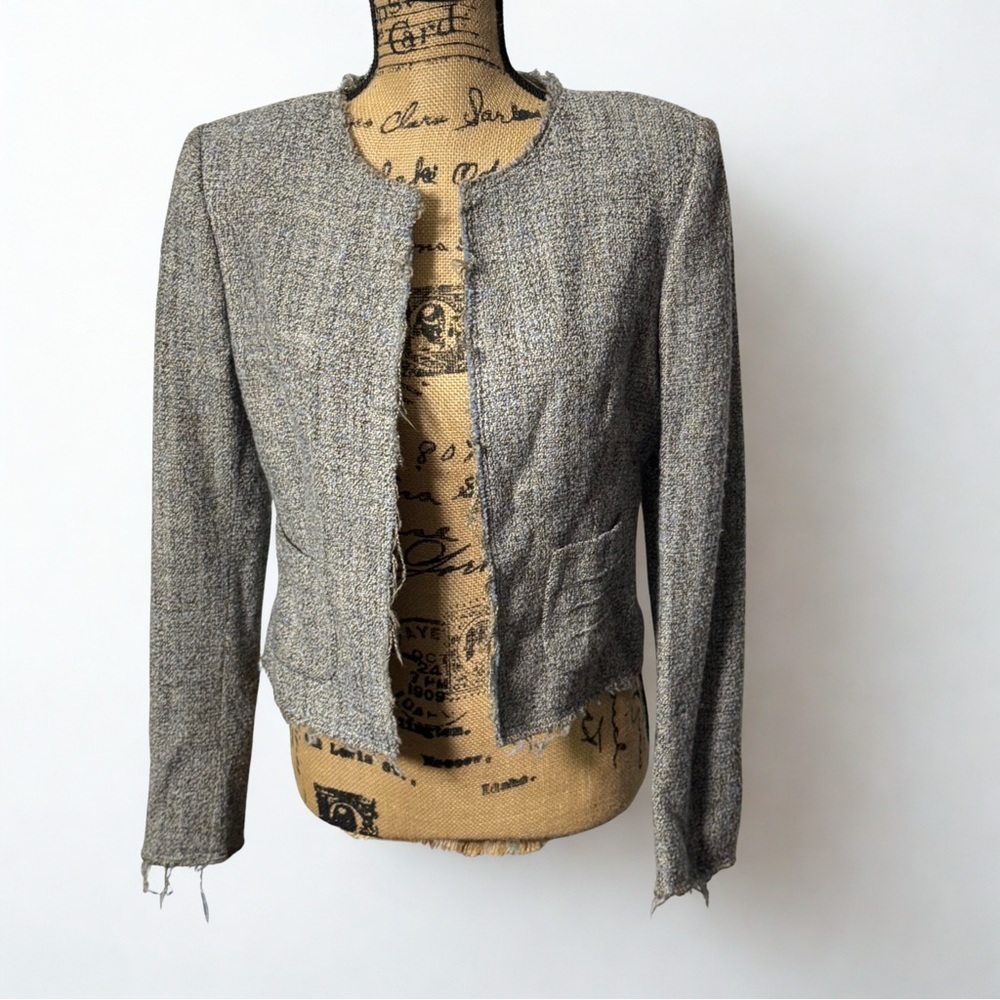 Tonello Open Front Wool Blend Raw Hem Distressed Tweed Blazer